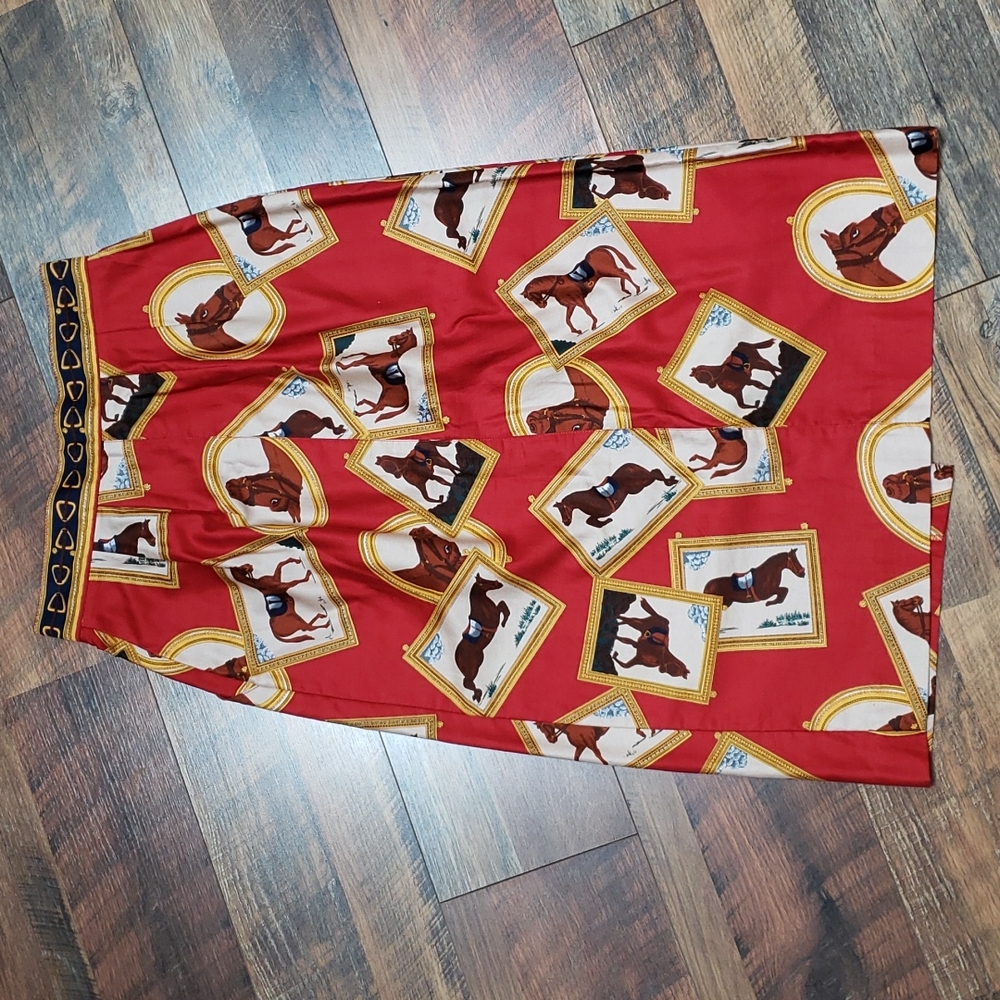 Vintage Alexander Campbell Red and Yellow Horse Portrait Pencil Skirt, Size 10. - Picture 2 of 6